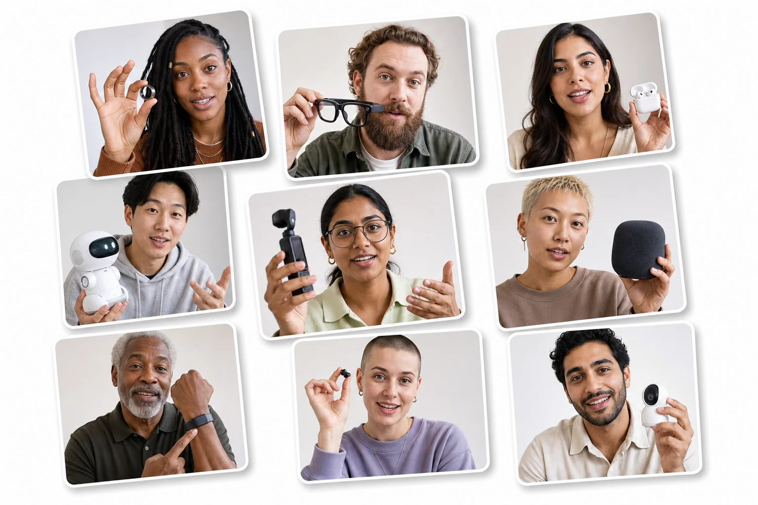 Creators of many backgrounds presenting AI hardware — smart rings, camera glasses, earbuds, desktop robots and fitness wearables.